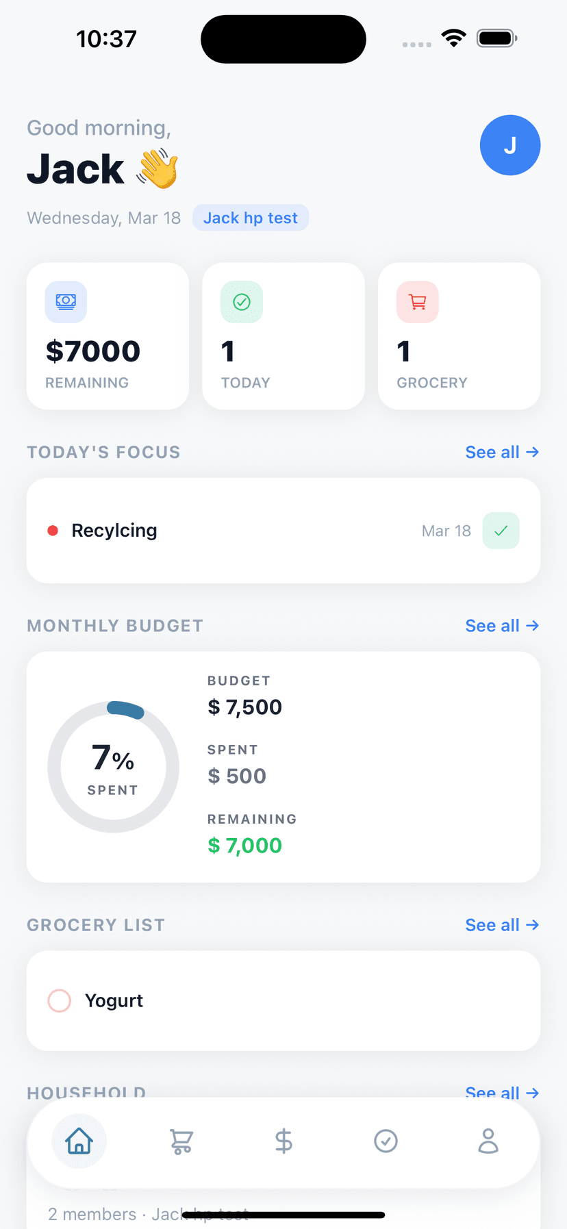House Plan home screen showing budget, chores, and grocery summary